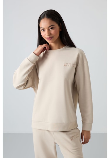 Tommy Life Bej Basic Pamuklu O Yaka Oversize Lastik Paça Kadın Eşofman Takım - 95287 Bej