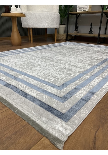 Saraz Halı Çerçeve Model Bambu Yıkanabilir Parlak Halı Mavi Çizgi Mavi-gri