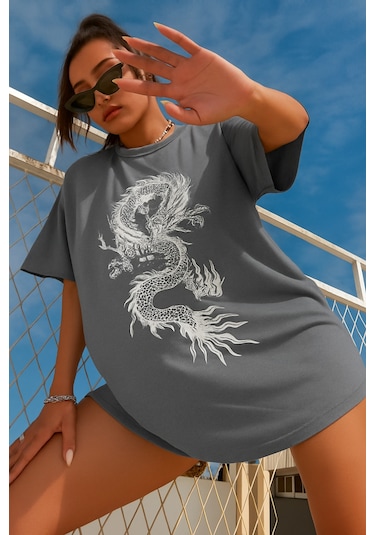 Ejderha Baskılı Oversize T-shirt Gri2