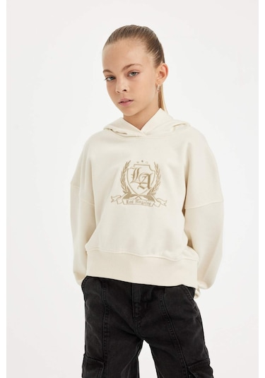 DeFacto Kız Çocuk Ekru Oversize Geniş Kalıp Kapüşonlu İşlemeli Kalın Sweatshirt D2885A824WNER233