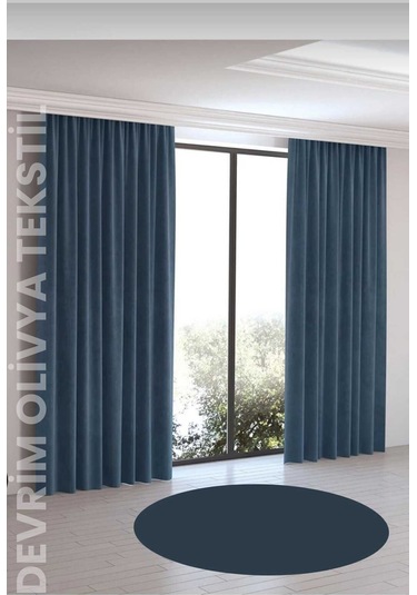 Shy Tekstil Lüks 1. Sınıf Düz Dikim Su Yeşili Ada Fon Perde En X Yükseklik Açık Indigo