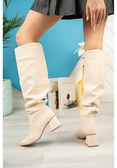 Syt-2002 Bej Körüklü Kalın Topuklu Günlük Bayan Çizme Resimdeki Renk