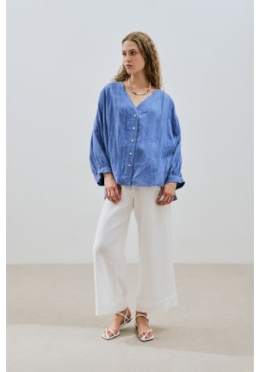 Keten Krushlı Düğmeli Bluz Mavi Mavi