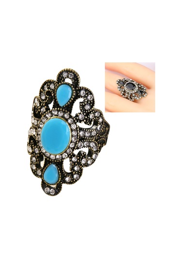 Vintage Ethnic Style Exquisite Carved Inlaid Acrylic Resin Hollow Ring, Ring Size:8 Blue Çok Renkli