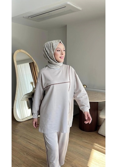 Olivia Kadın Mevsimlik Penye Alt Üst Spor Ve Rahat Tesettür İkili Takım Bej
