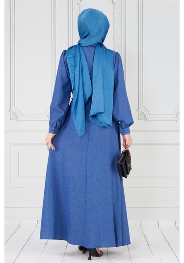 İnci Detaylı Kuşaklı Tesettür Elbise-mavi-3586-mavi Mavi