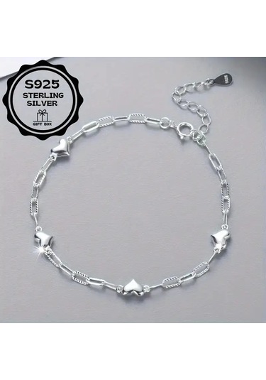 Heart Chain 925 Ayar Sade Şık Zincir Kalpli Gümüş Bileklik Çok Renkli