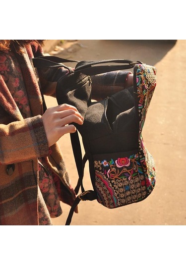 Yogodlns Vintage Sanatsal Tasarım Kadın Kanvas Sırt Çantaları El Yapımı Çiçek Nakış Büyük Kapasiteli Sırt Çantası Okul Çantası Seyahat Omuz Çantaları Çok Renkli