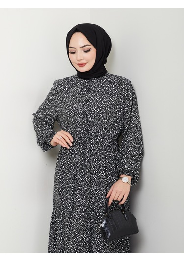 Düğme Detaylı Çiçekli Viskon Elbise - Siyah / E0123 Siyah