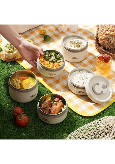 Çelik Termos Beslenme Yemek Kabı 4 Parça Çantalı 1880 L Krem