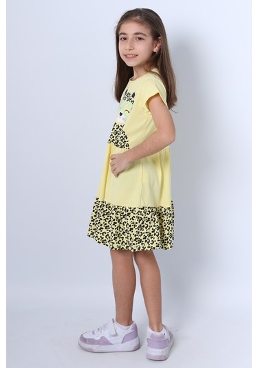 Kız Çocuk Elbise Fırfırlı Kedicik Baskılı C13 Sarı