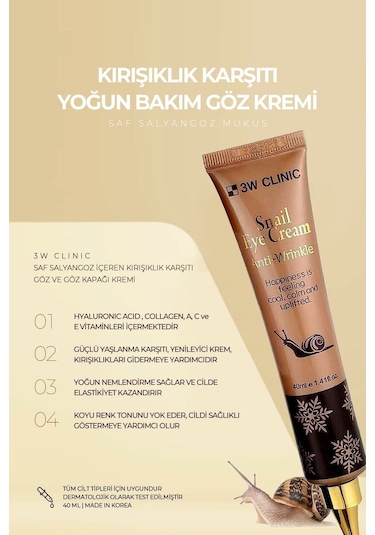 3w Clınıc Saf Salyangoz Mukus İçeriğiyle Göz Çevresinde Yoğun Nemlendirme, Bakım Ve Elastikiyet