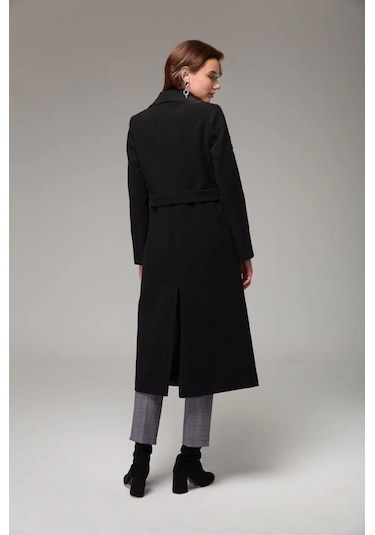 Tam Boy Beli Kuşaklı Kaşmir Kaşe Kaban Siyah