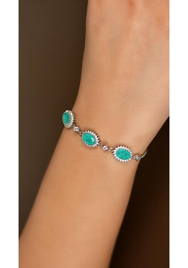 Roza Silver Paraiba Taşlı Rodyum Oval Anturaj Gümüş Bileklik