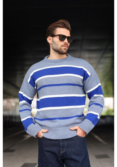 İndigo Çizgili Bisiklet Yaka Triko Erkek Kazak E7455 Indigo