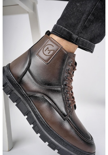 Muggo Gilberto Garantili Fermuarlı Bağcıklı Kürklü Hafif Taban Erkek Bot Kahverengi