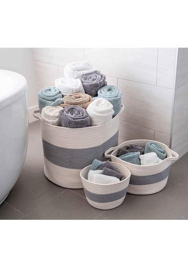 3lü Jüt Pamuklu Sepet, Bebek Eşya Toplama Sepeti, Battaniye Sepeti Oyuncak Sepeti, Yastık Sepeti Gribeyaz