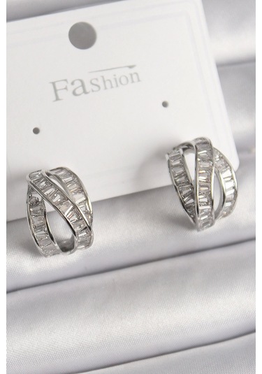 Pirinç Gümüş Renk Zirkon Taşlı Düğüm Halka Model Kadın Küpe Çok Renkli