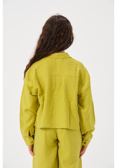 Genç Kız Çocuk Cepli Uzun Kollu Gömlek Fıstık Yeşil