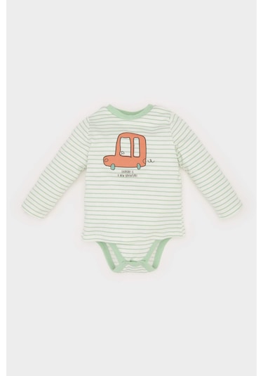 DeFacto Erkek Bebek Yenidoğan Bisiklet Yaka Araç Baskılı Uzun Kollu Çıtçıtlı Body E2456A525SPER105 Ekru