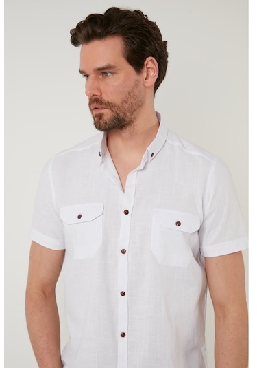 Buratti Düğmeli Yaka Pamuklu Slim Fit Cepli Erkek Gömlek Cf21S111153 Beyaz