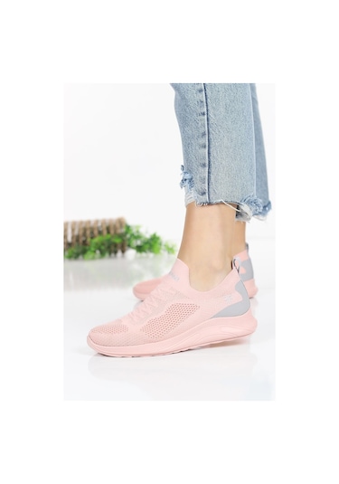 Günlük Kadın Erkek Unisex Sneaker Triko Nefes Alabilen Yürüyüş Bağcıksız Esnek Spor Ayakkabı Pudra