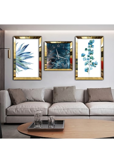 MAVİ ÇİÇEK AYNALI GOLD PLEKSİ ÇERÇEVELİ MDF TABLO VE SAAT SETİ