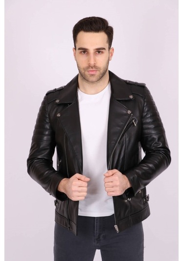Erkek Siyah Hakiki Deri Yakalı Asimetrik Fermuarlı Spor Mont