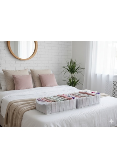 2'li Organizer L Akordiyon L Boy 8 Bölmeli Çok Amaçlı Dolap Içi Ve Çekmece Içi Düzenleyici Cepli Beyaz