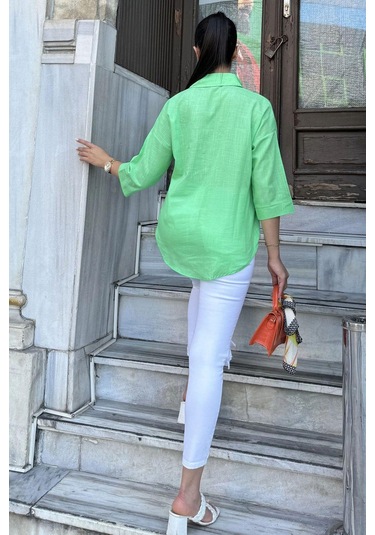Kadın Yeşil Truvakar Kol, Oval Kesim, Terletmez, Flamlı Keten Salaş Gömlek Yeşil
