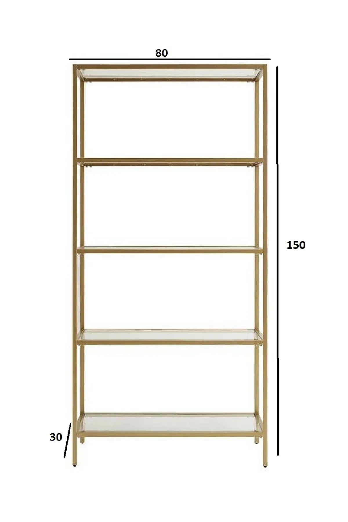 Modern 5 Katlı Metal İskeletli Cam Raflı Aksesuar Rafı Kitaplık Gold-füme