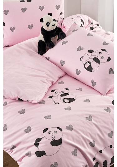 Valezium Pembe Panda Çift Kişilik Nevresim Seti 200x220 Nevresim Kılıfı & 2 Adet Yastık Kılıfı Pembe