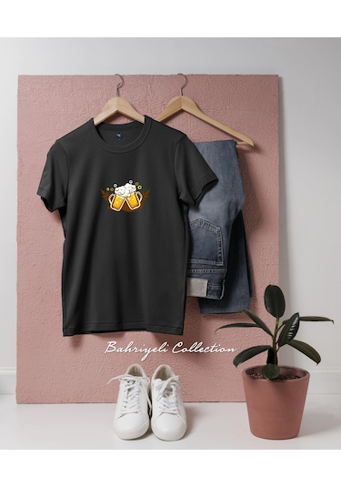 Oversize Draught Beer Wine Drink Bottle Tasarımlı Unisex T-shirt Siyah