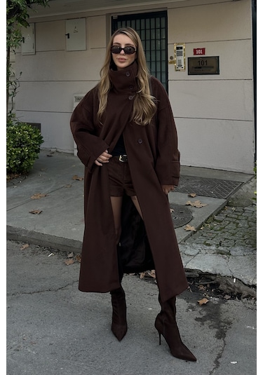 Kahverengi Vittoria Düğmeli Yaka Kaban - 2511 Kahverengi