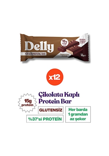 Delly Cappuccino Aromalı Çikolata Kaplı Yüksek Protein Bar 12 x 40 G