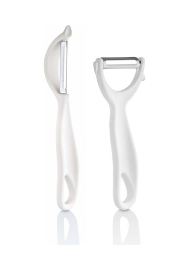 2 Adet Çok Amaçlı Yan Ve Sapan Soyacak, Meyve Sebze Paslanmaz Çelik Bıçaklı Soyucu 2 Li Set Beyaz