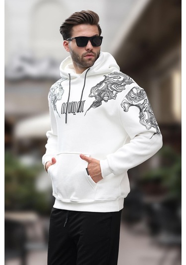 Madmext Ekru Kapüşonlu Cep Detaylı Baskılı Erkek Sweatshirt 7052-ekru Ekru