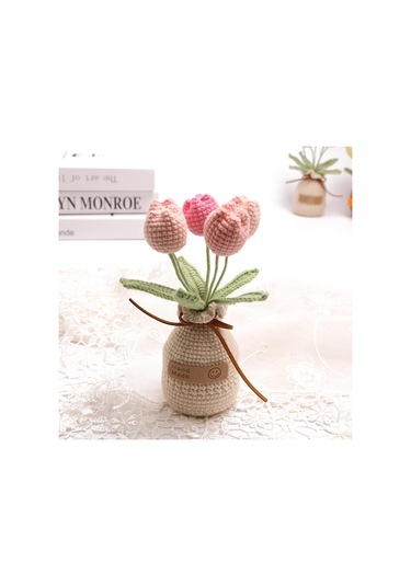 Dianziye El Örgü Gerçekçi Bitki: 5 Başlı Degrade Pembe Lale Saksı Bitkisi İplik Vazo Tabanı