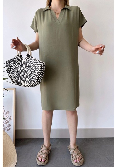 Kadın Haki Kısa Kol, Polo Yaka, Dokulu Desen, Basic Kalıp/kesim, Aerobin Rahat Midi Elbise Haki