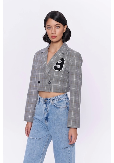 Çift Düğmeli Crop Blazer Ceket Gri Gri