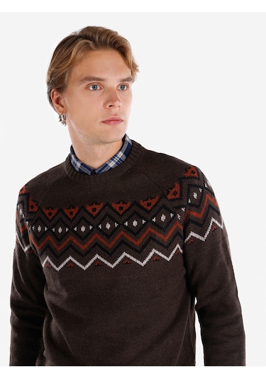 Colins Regular Fit Baskılı Triko Kahverengi Erkek Kazak Cl1066049 Kahverengi