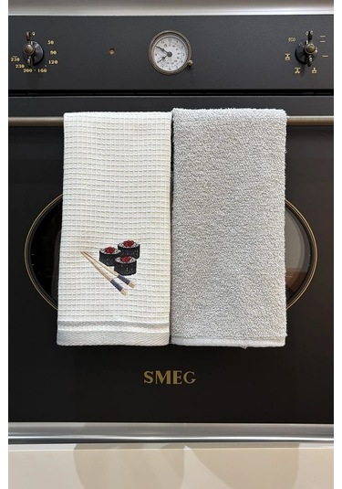 2 Li Mutfak Havlusu Seti - Açık Gri & Sushi Figürlü Kurulama Bezi - %100 Pamuk & 40x60 Cm Açık Gri