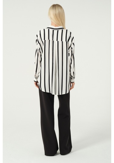 Basic Oversize Çizgili Gömlek Siyah Beyaz Siyah - Beyaz