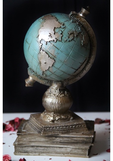 Doremcy Dekoratif Gümüş Kitaplı Dünya Küre Ev Ve Ofis Hediyelik Polyester Döküm Biblo Mavi