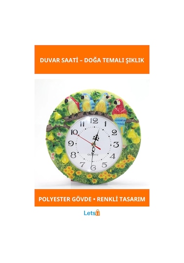 Renkli Papağanlı Polyester Duvar Saati Çok Renkli
