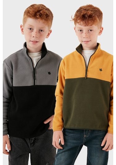 Lela Yumuşak Dokulu Yarım Fermuarlı Renk Bloklu Dik Yaka 2'Li Paket Çocuk Polar 5905004S2 Gri Siyah-Hardal Haki