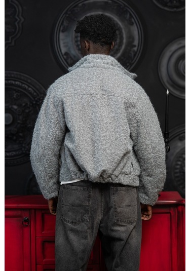 Oversize Crop Model Yan Cepli Astarlı Kırçıllı Mont Gri