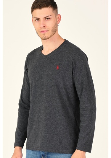 T8587 Dewberry V Yaka Erkek Uzun Kol T-shırt-koyu Antrasit Koyu Antrasit