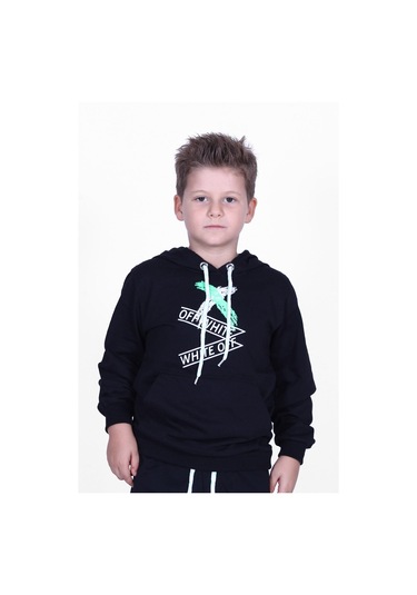 X Baskılı Kanguru Cepli Kapüşonlu Erkek Çocuk Siyah Sweatshirt Siyah