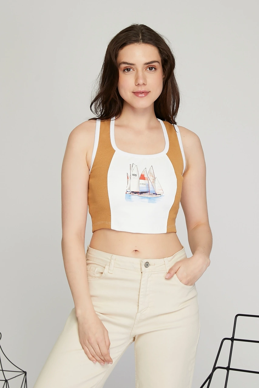 Kadın Deri Crop Ribana Kaşkorse Likralı Deri Garnili Baskılı Crop Büstiyer Deri Üzeri Baskılı Crop Camel